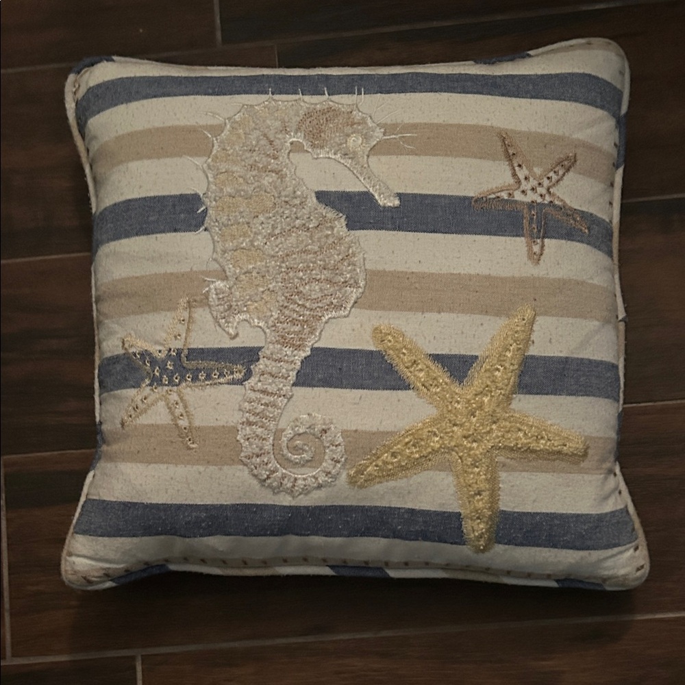 Striped Nautical Pillow with Seahorse and Starfish